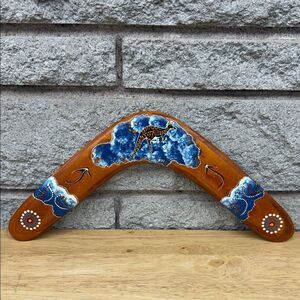 Australian Hand Painted  Boomerang with Blue and Brown Design